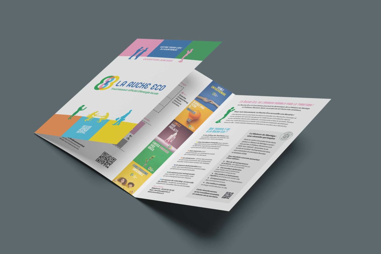 Concevoir et réaliser un flyer 6 pages pour l'ouverture du tiers-lieu "La Ruche Éco" à Courtenay